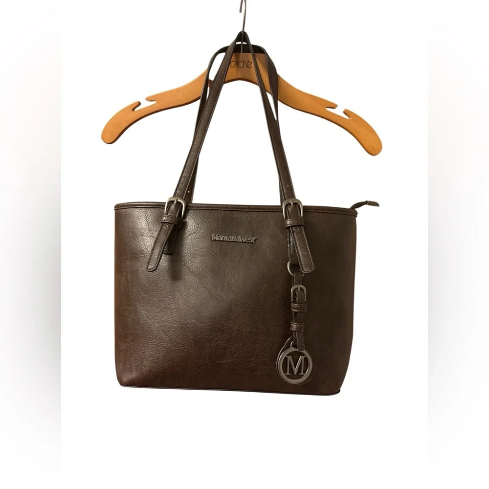 Montana West Dark Brown Leather Tote - Picture 1 of 6